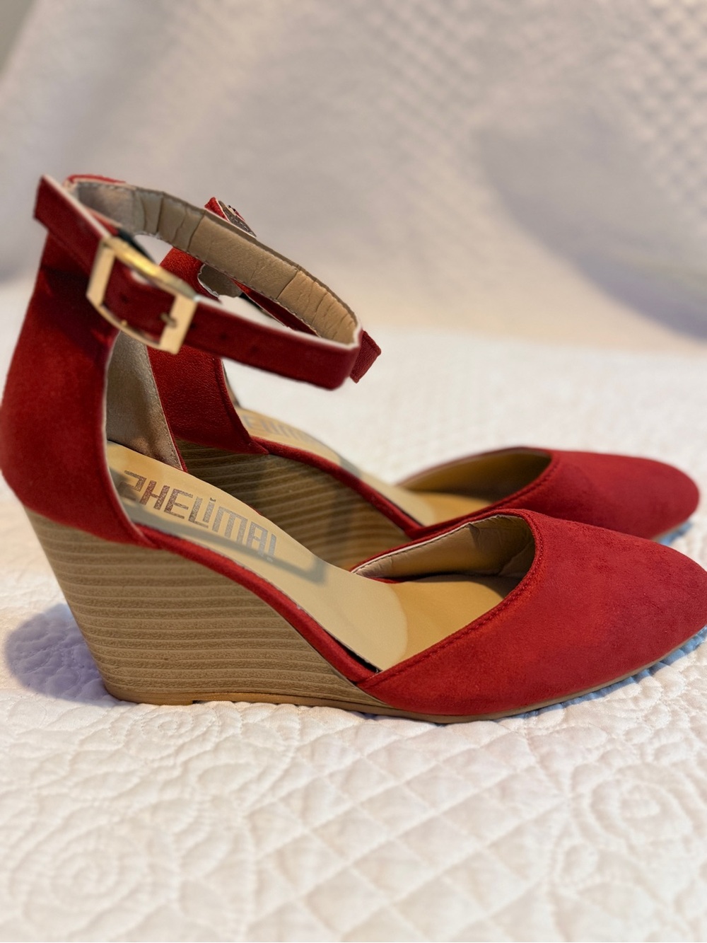 Red Suede Ankle-Strap Wedge Heels - Brand: